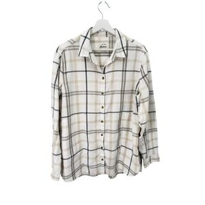 Jachs Girlfriend Button Down Women XL Cream Plaid Long Sleeve Rayon Blend Shirt